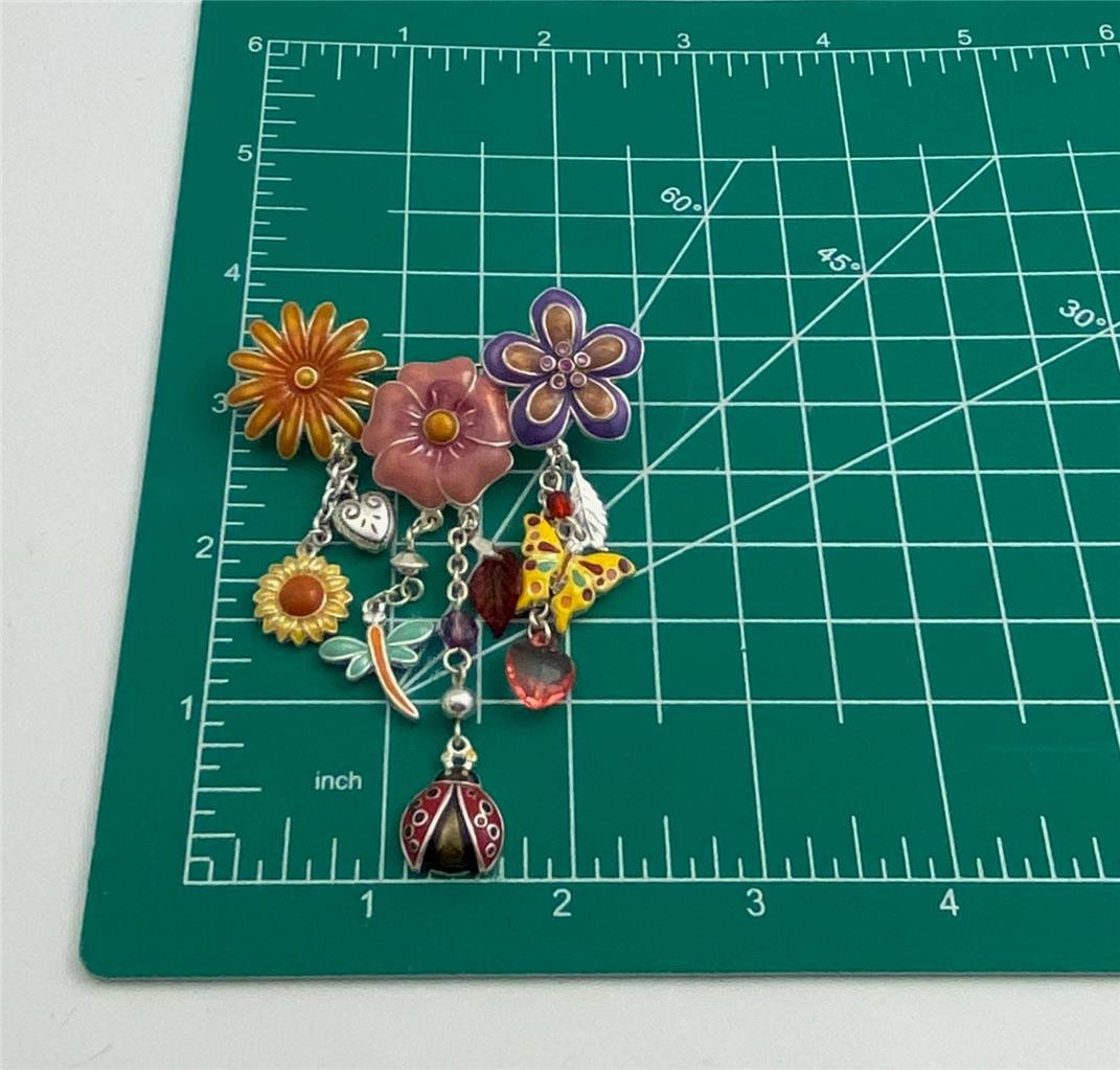Vintage Multicolor Enamel Flowers, Bug, Butterfly, Hearts Charm Dangle Brooch