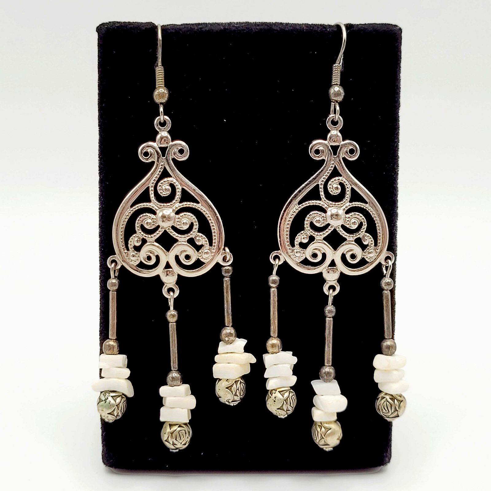 Southwestern Style Chandelier Silver Tone White Howlite Bead Pierced Earrings