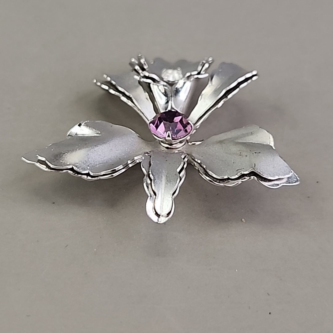 Vintage Flower Brooch Orchid Purple Rhinestone Silver Tone 2″