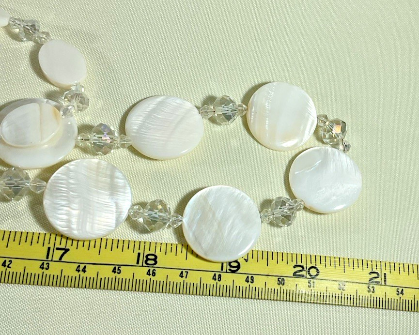 Mother of Pearl Abalone Necklace White Double Strand w/ Clear Glass Beads Chic