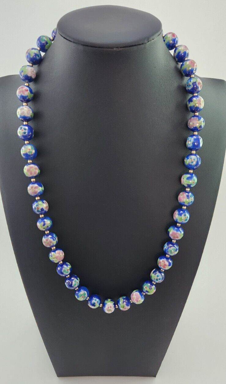 Vintage Japanese Cloisonne Bead Floral Necklace, Blue Pink and Green 22 Inches