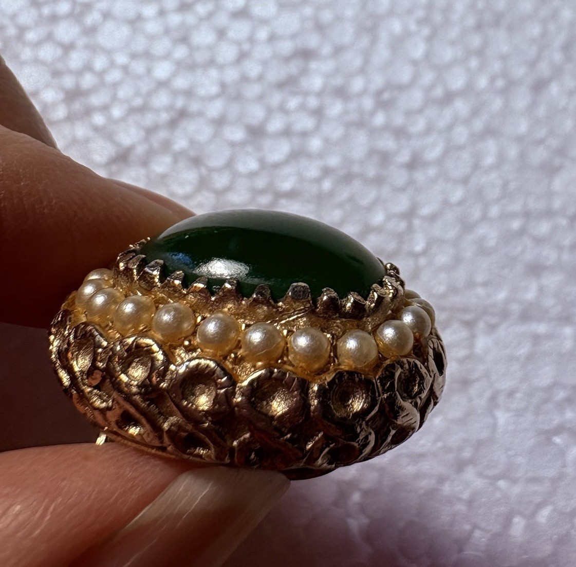 Vintage Zentall Clip On Earrings Green Cabochon Pearl Halo Gold Tone MCM Classic