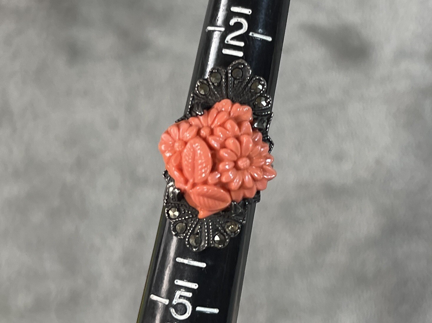 Antique Sterling Marcasite Coral Glass Floral Ring, Size 3.75