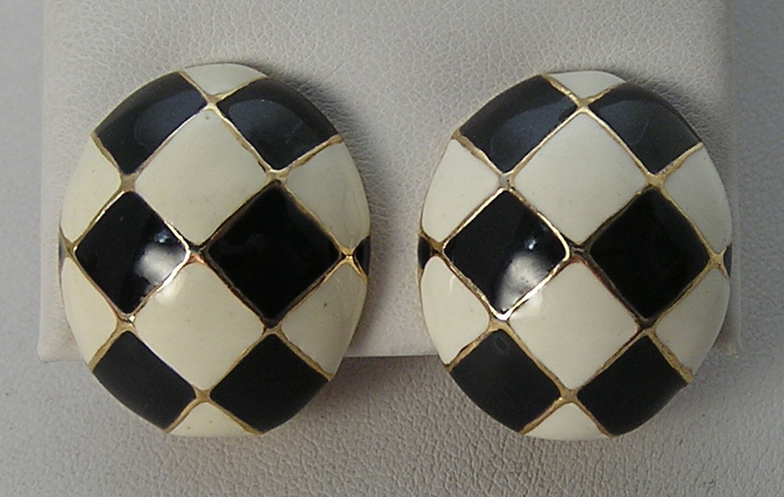 Vintage Gold Tone Gay Boyer Black-White Checkerboard Enamel Domed Oval Earrings