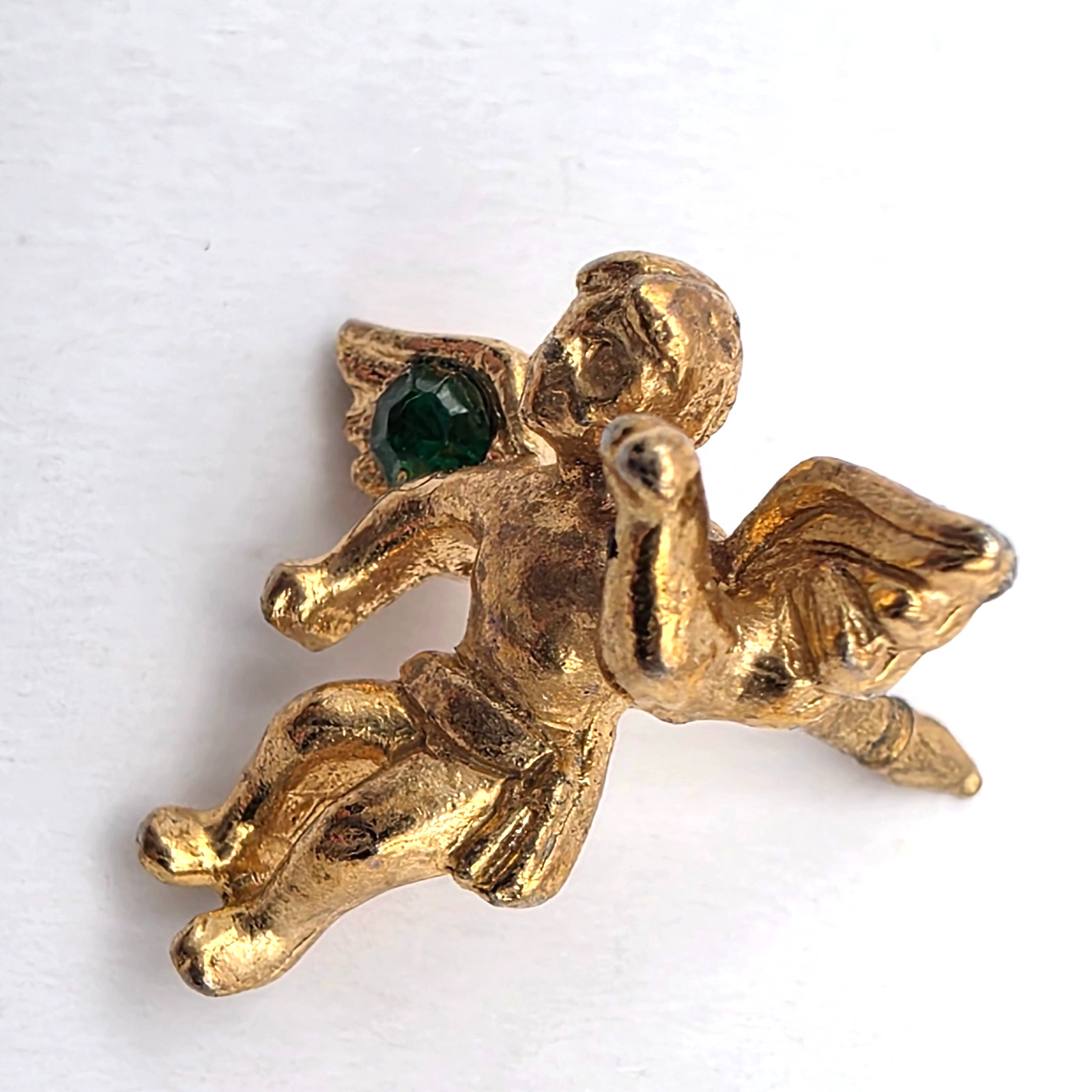 Guardian Cherub Angel Lapel Pin Faux Gold Tone Rhinestone Green Crystal T&T Vtg