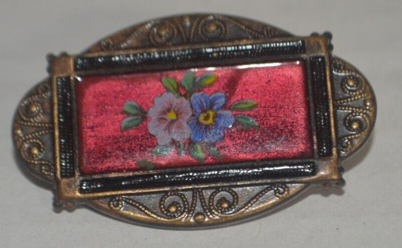 Vintage Enamel Floral Pin with Red Background Safety Clasp