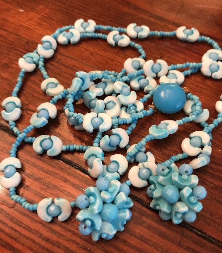 Vintage Signed WEST GERMANY Art Glass Blue Beaded Necklace And Clip On Earrings