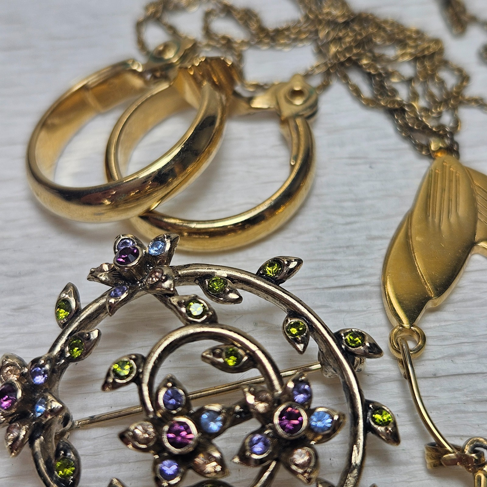 Monet Gold Charm Holder on Chain Braided Leather Hoop Earrings Rhinestone Brooch