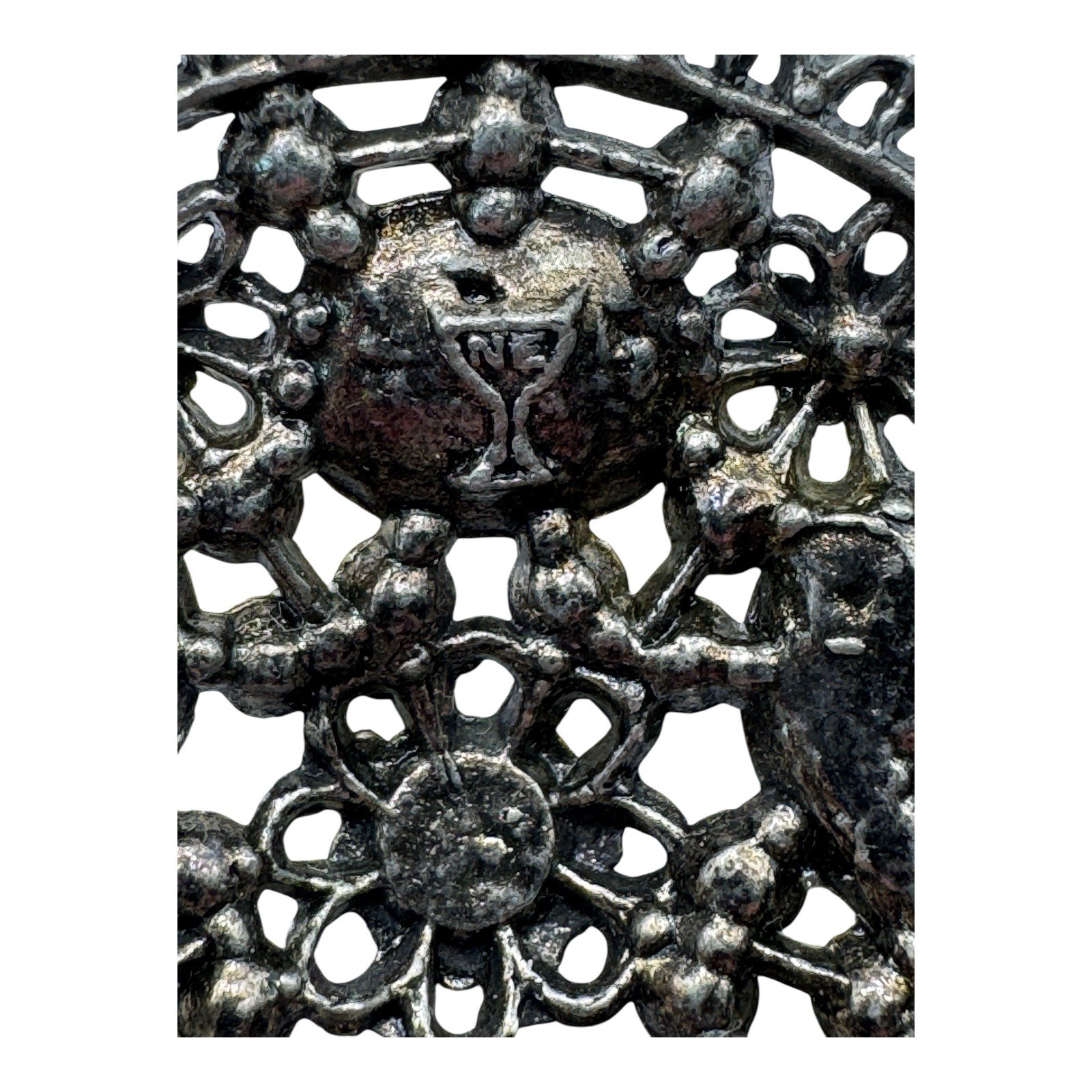 Vintage NE Glass Works Filigree Pendant Necklace – Red Glass Stones, Goblet Mark