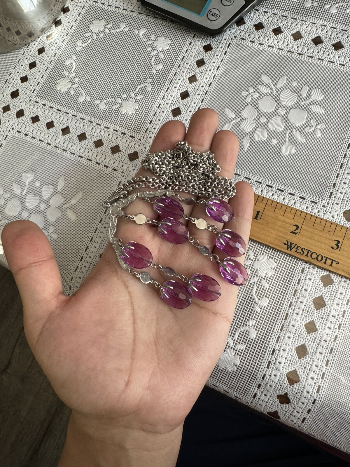 Vintage SARAH COV. silver TONE Rolo Chain&purple Chandelier Pendant Necklace