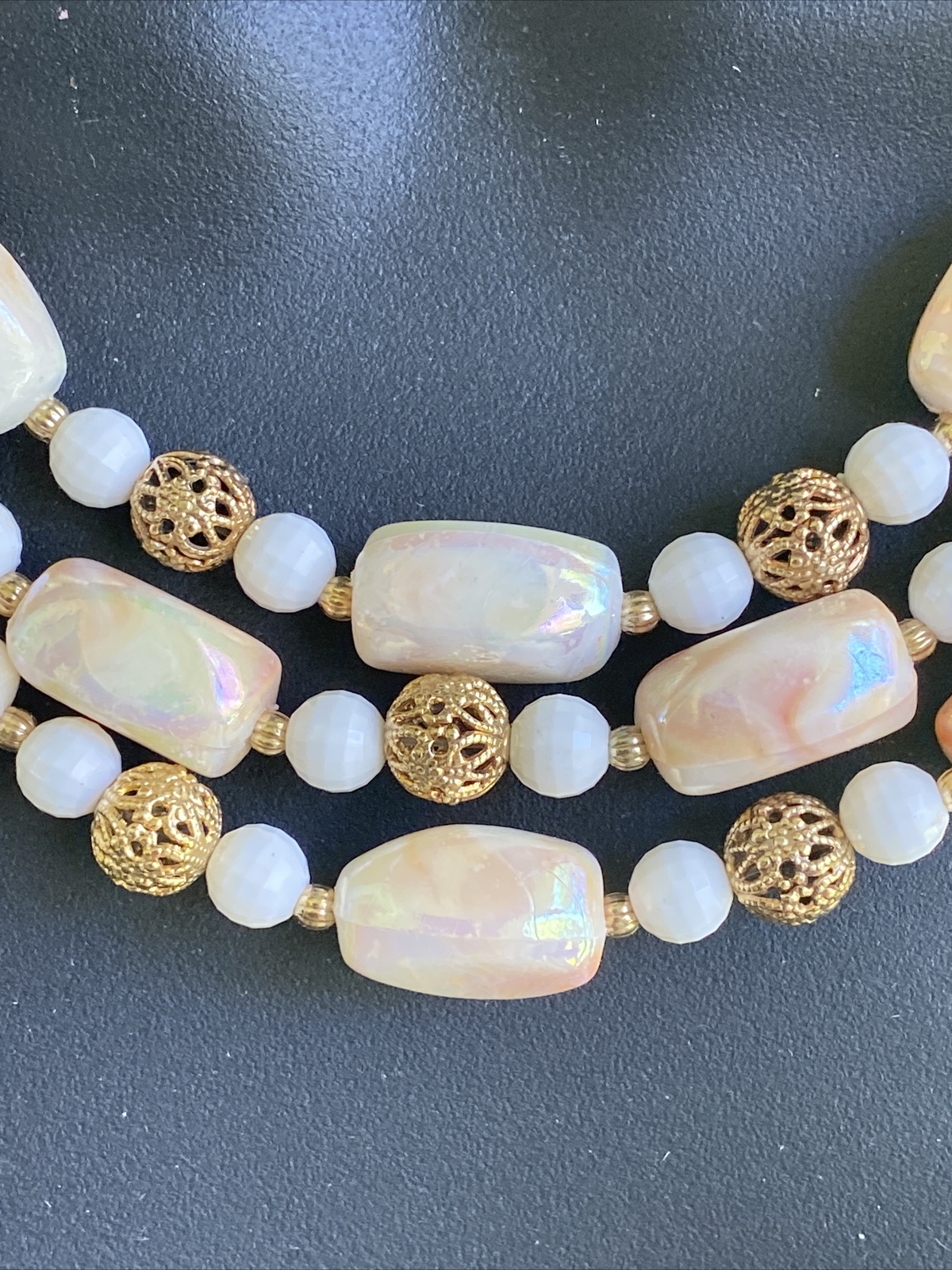 VNTG Signed CORO Triple-Strand OPALESCENT Enamel Beads Filigree Necklace Choker