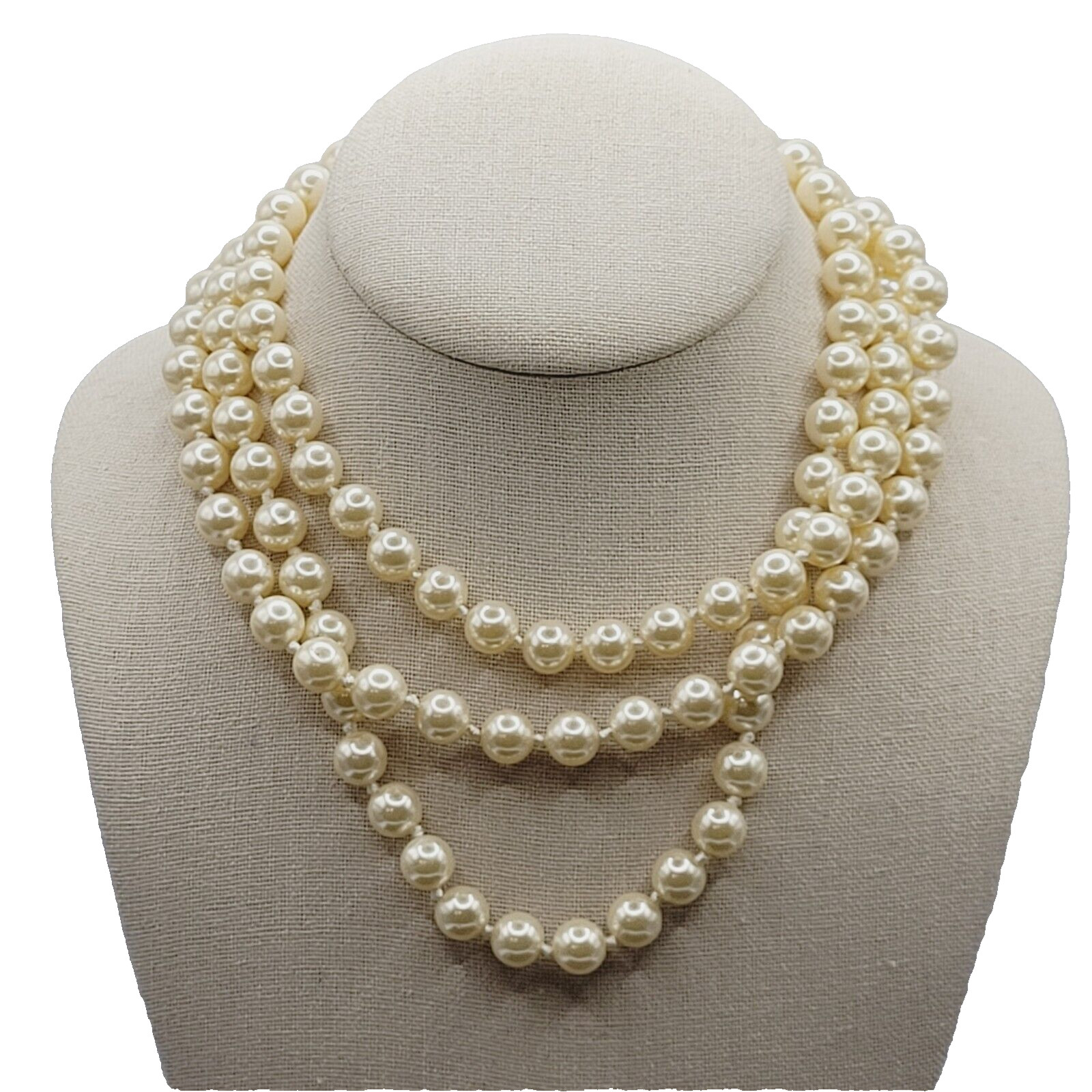 Triple Strand Off White Faux Pearl Knotted Necklace with Gold Tone Clasp 15 Inch