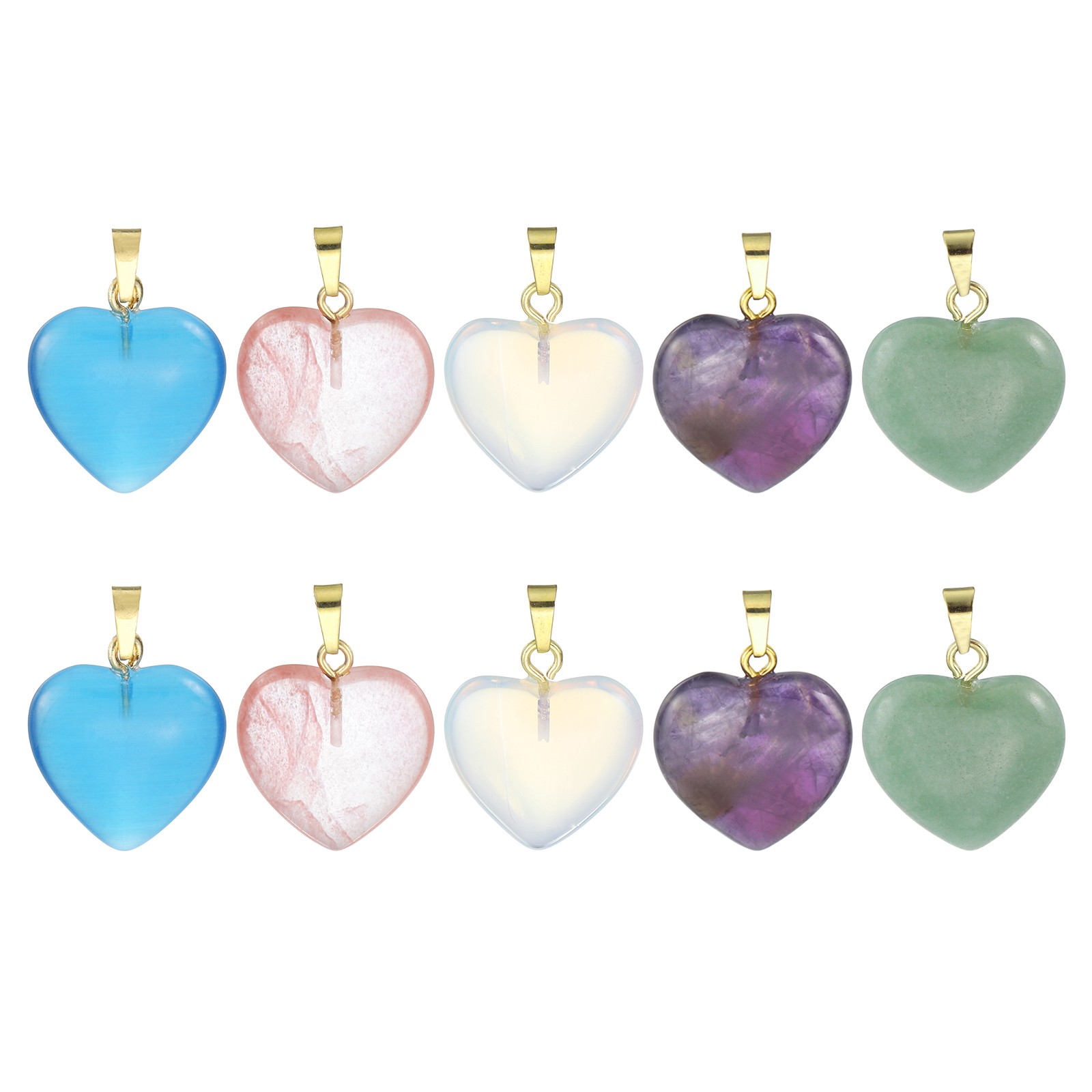 10Pcs Heart Quartz Stone Charms, Purple/Green/Light Red/AB White/Sky Blue