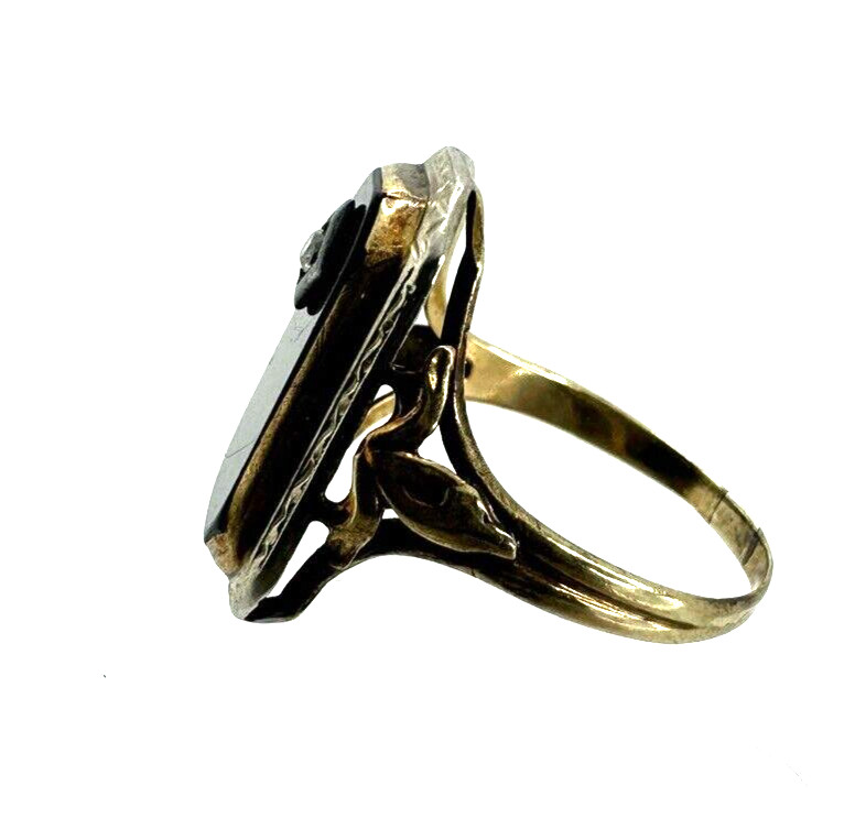 Vintage 10K Yellow and White Gold Black Onyx Diamond Ring Size 6.75
