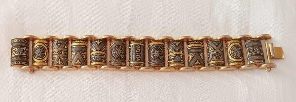 Early Vintage Damascene Wide Panel Link Bracelet Ornate Gold Plate