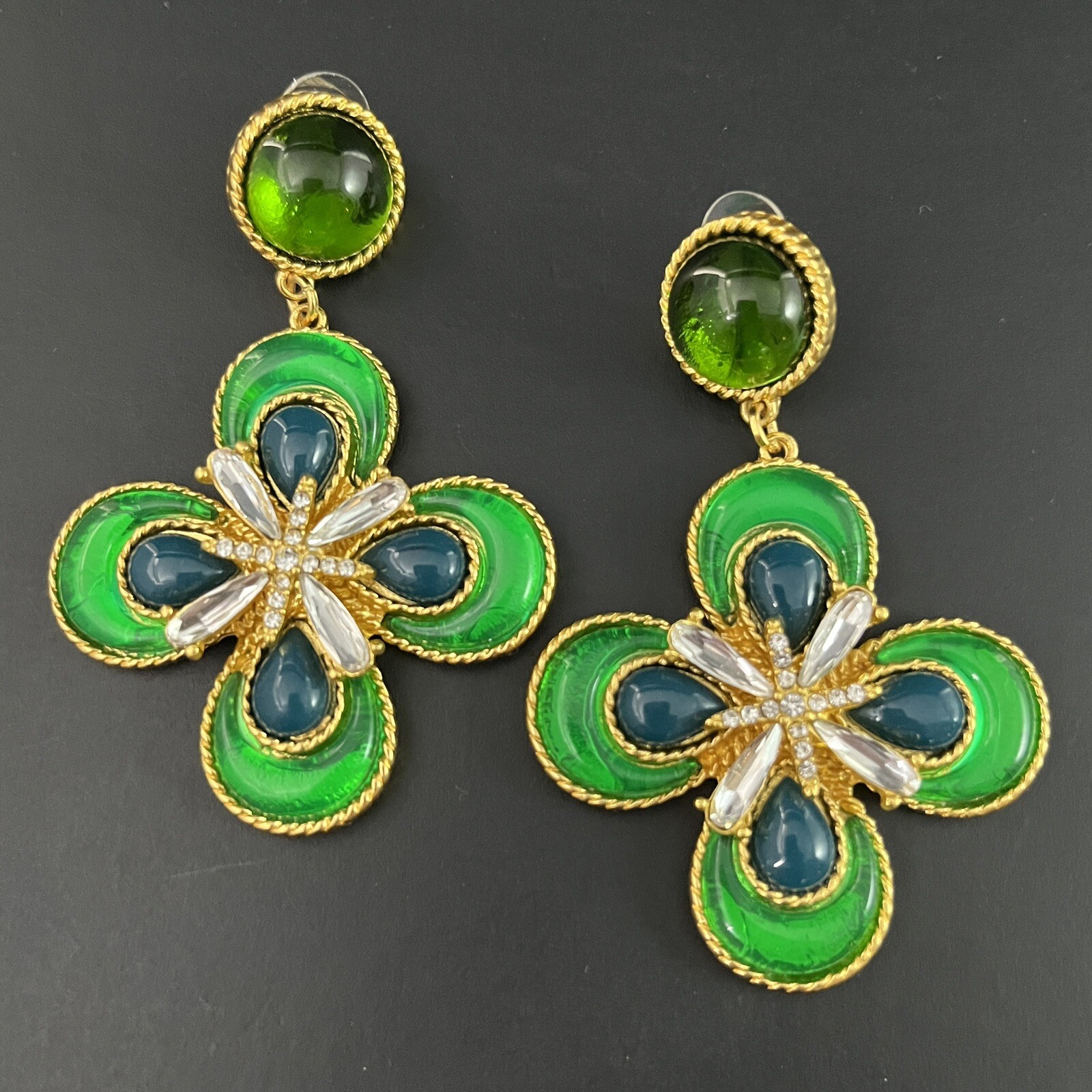 Gripoix Style Maltese Cross Earrings Green Glass Cabochon Gold Pierced Dangle