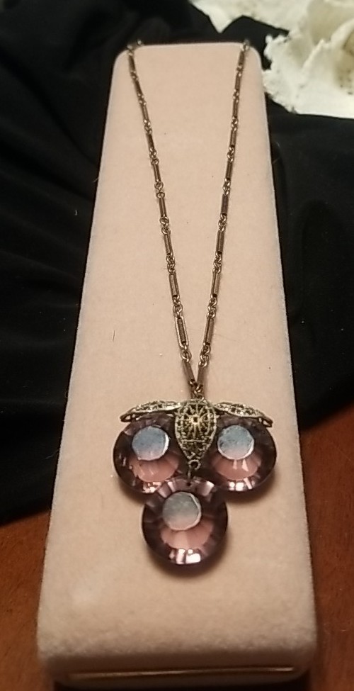 Art Deco Necklace, Purple Paste Glass, Silver & Brass Filigree, 18 Inch Chain