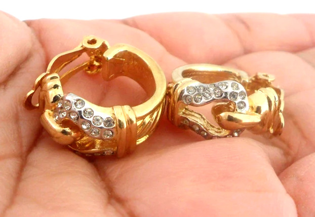 Buckle Earrings Clip On Half Hoops Gold Tn Rhinestones Unsigned ESPO Dead Stock