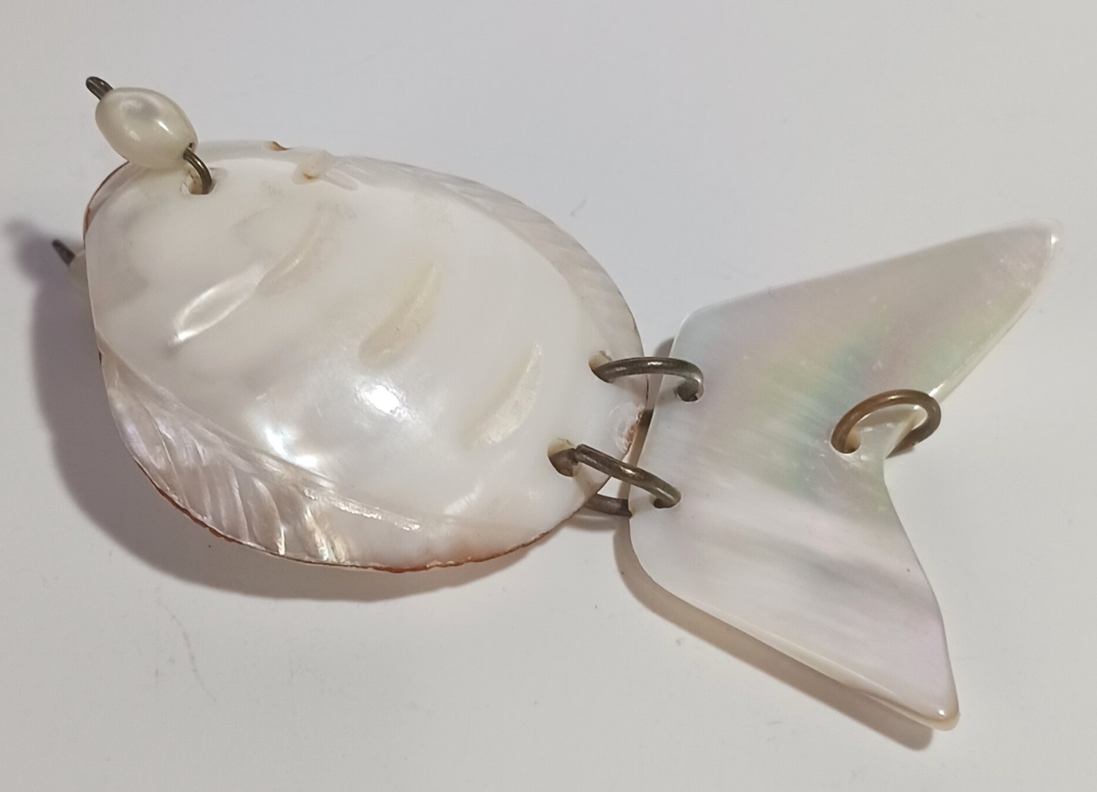 Vintage Large Articulated Fish Pendant Made of Carved Shells & Wire