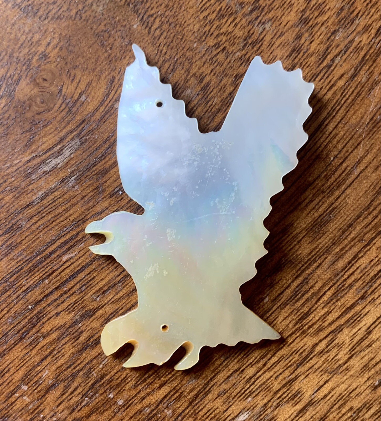 Vintage Carved Mother of Pearl Soaring White Eagle Bird Fetish Pendant 2” x 1.5”