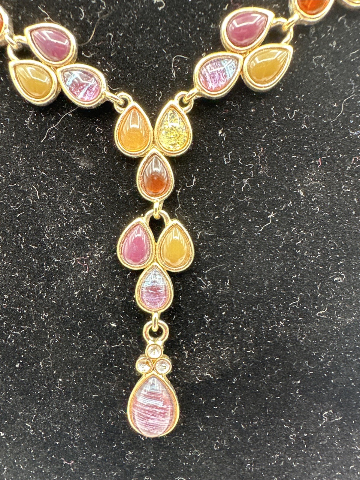 Faux Gemstone Glass Cabochon Lavaliere Necklace Purple Gold Vintage Jewelry 18in