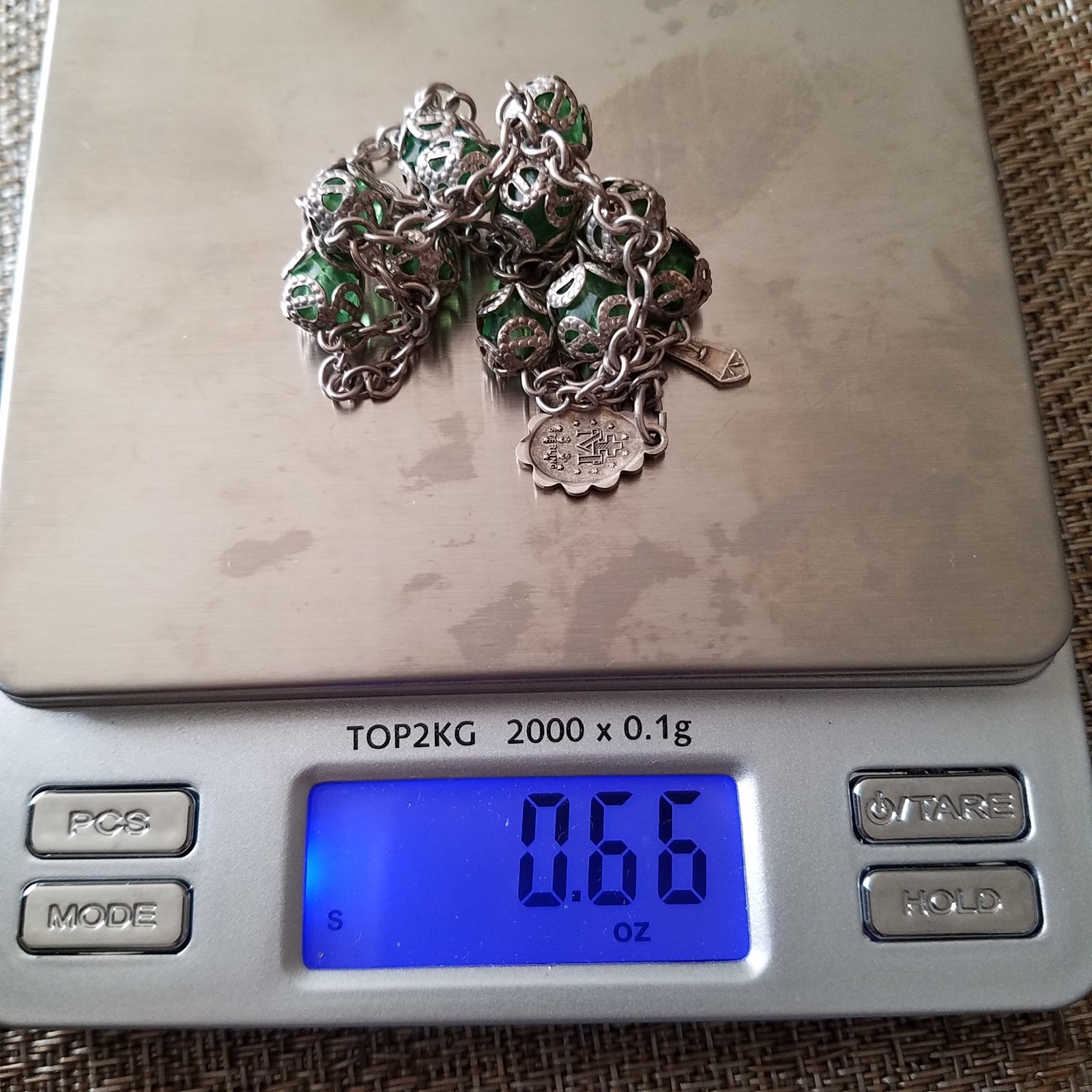 Vintage Sterling Chain Capped Green Bead Rosary Bracelet