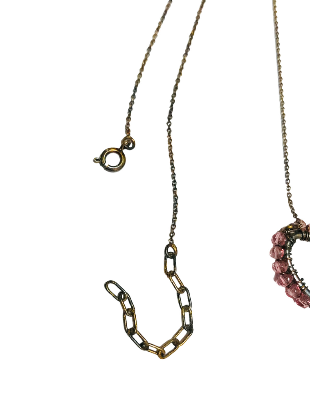 Vintage Antique Gold Tone Wire Wrapped Pink Beads Heart Pendant Necklace 19.5”