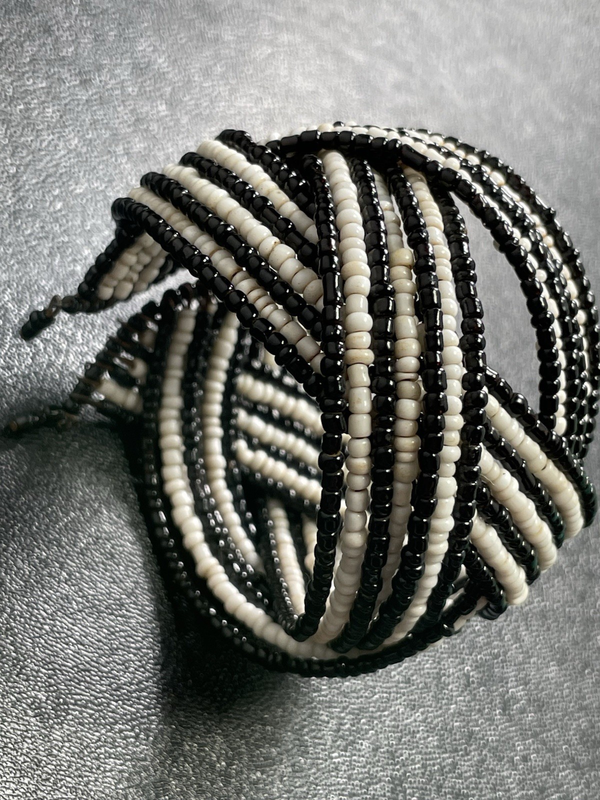Vintage 2” Wide White & Black Glass Beaded Wrap Bracelet