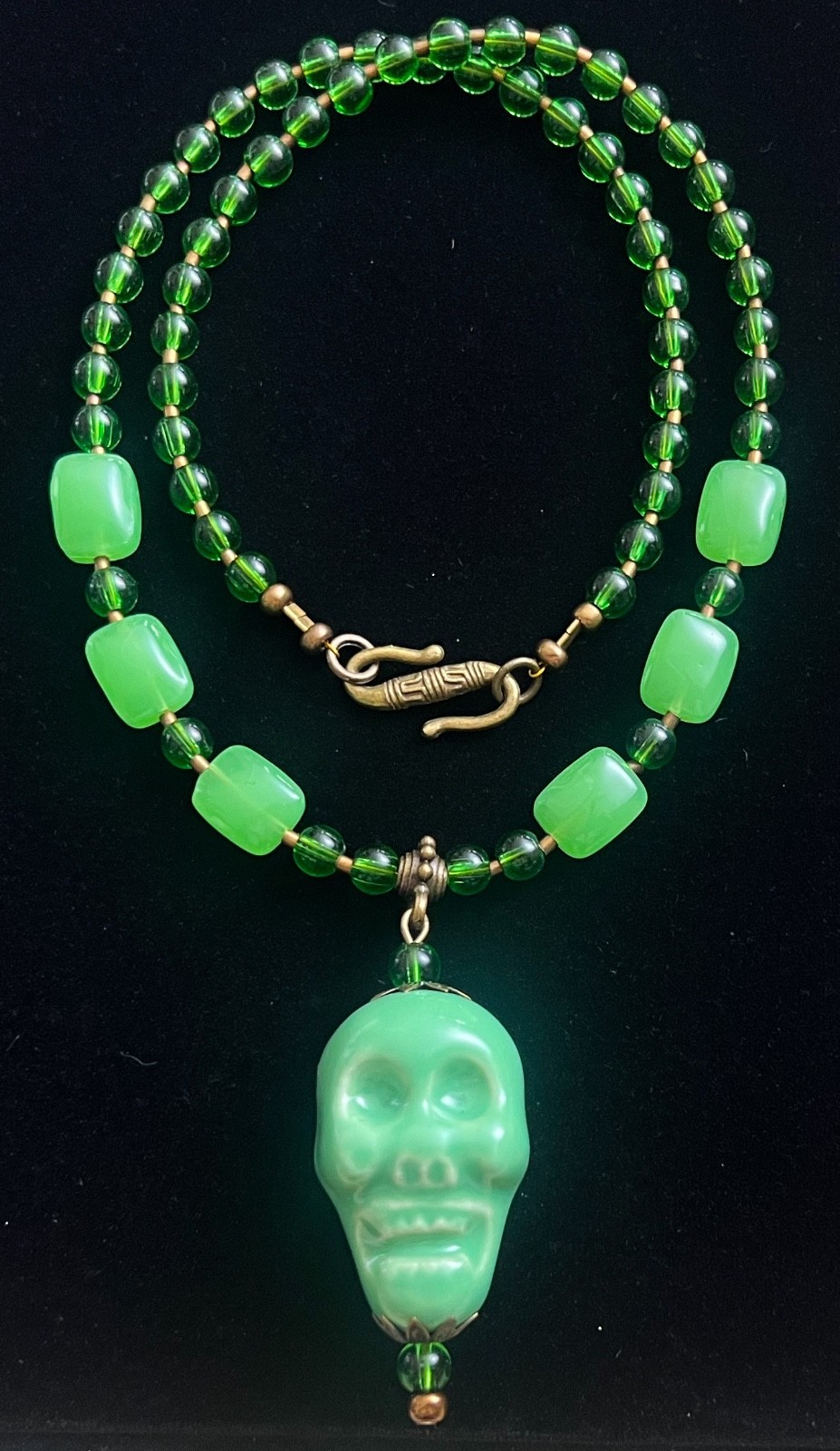 Artisan Necklace Huge Green Porcelain Skull Pendant Glass & Agate Beads
