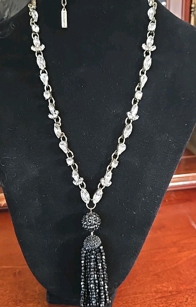 Vintage Sugarfix Necklace Boho Lariat Tassel Clear Rhinestones/Black Goth 36″