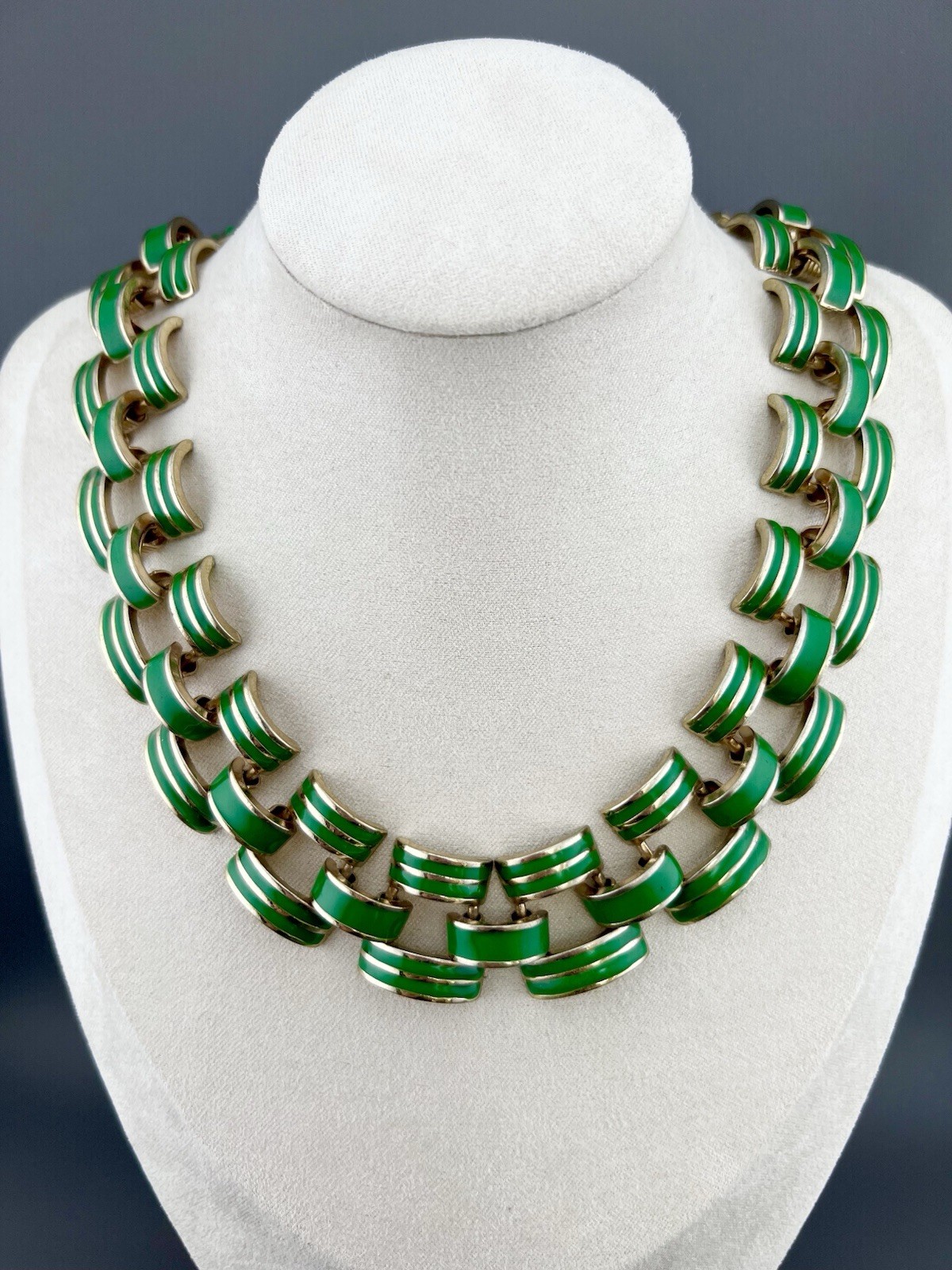 Coldwater Creek Necklace Green Enamel Link Collar Gold Tone Signed 21”