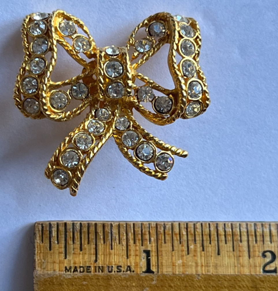 Vintage 1980s Rhinestone Bow Gold Tone Clip Earrings Bridal Statement Signed AFJ
