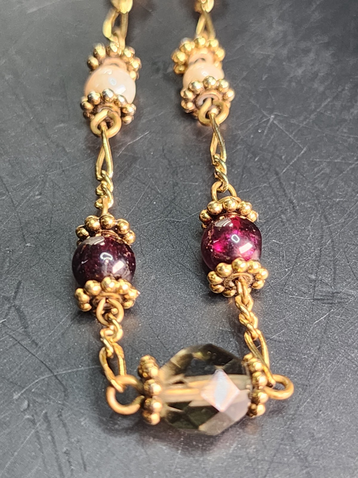 Y2K Jewel Tone Choker Necklace Gold Plate Figaro Chain Amethyst & Glass 15″