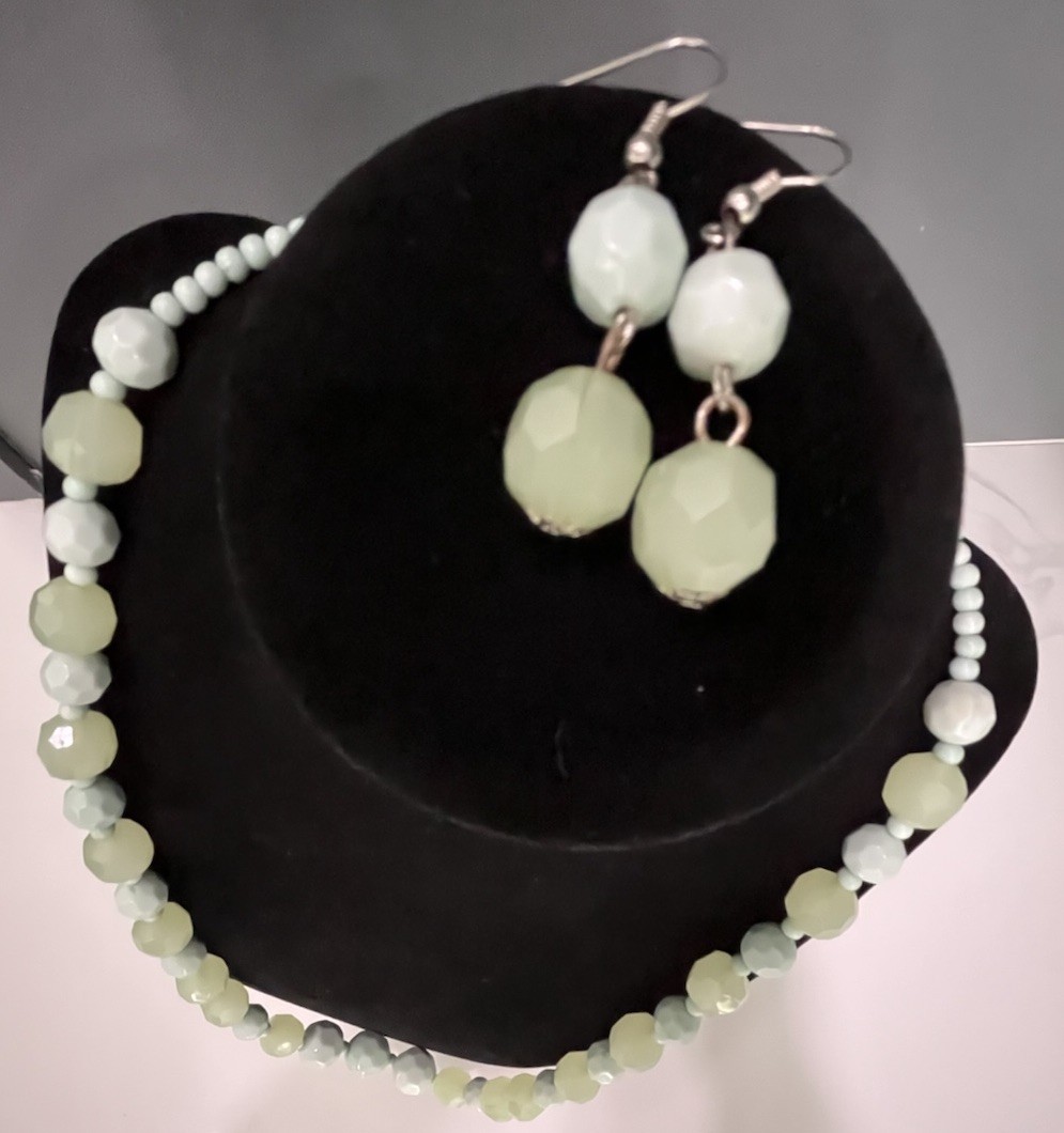 Vintage Light Green Beaded Statement Necklace & Pierced Earrings