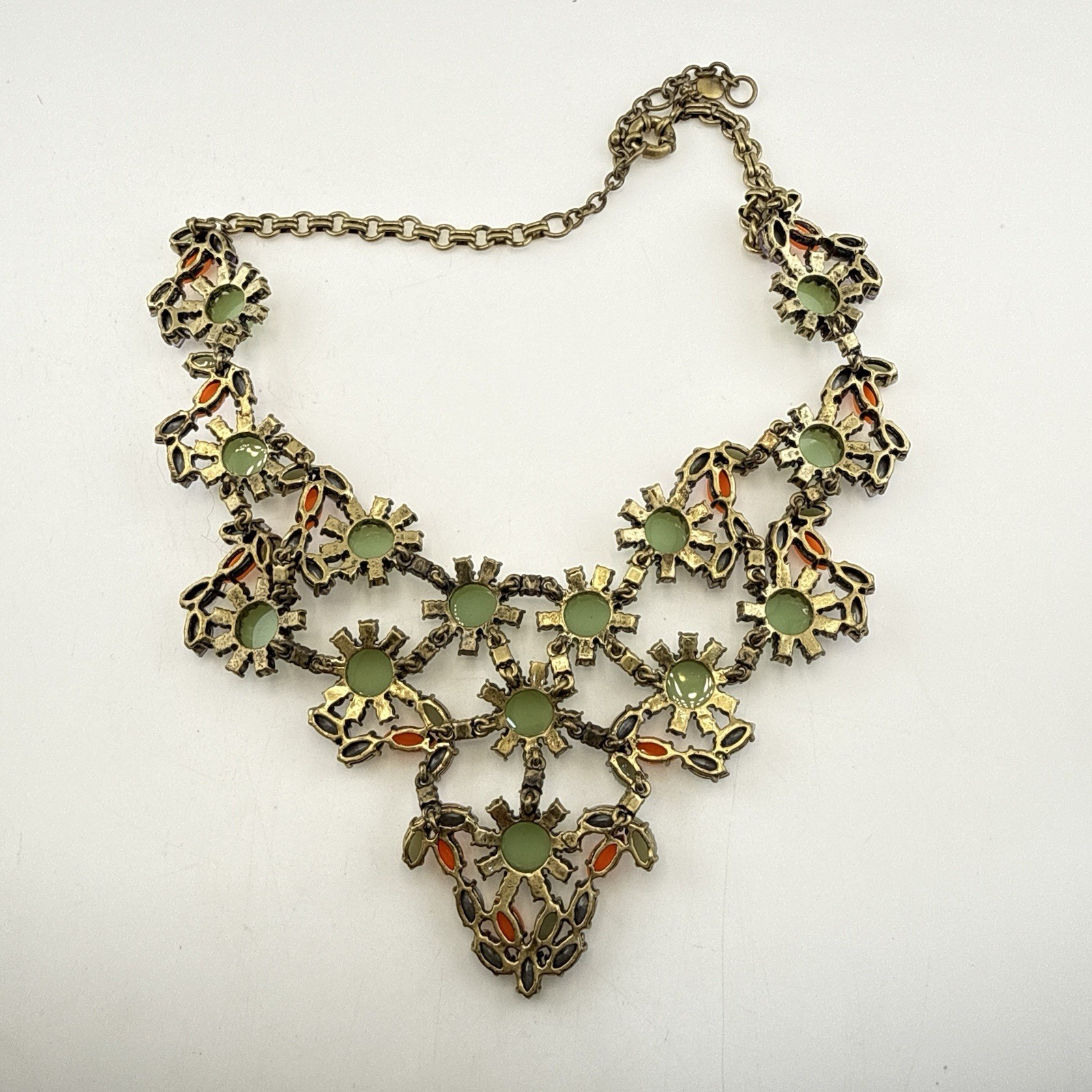 J Crew Necklace Bib Chunky Green Orange Bold Festoon Floral Rhinestone Statement