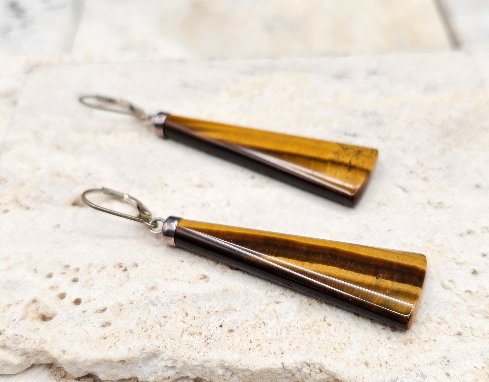 VTG Modernist Sterling Silver Dangle Earrings Brown “Tiger Eye” Glass? RETRO