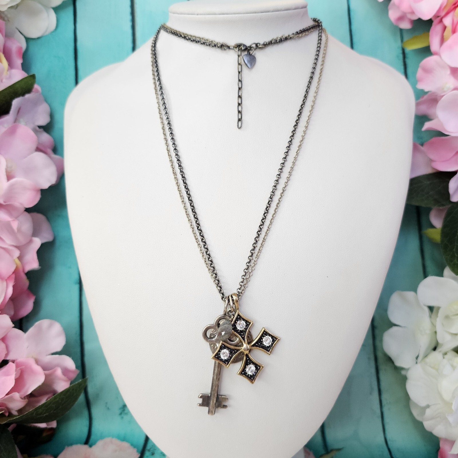 STELLA & DOT Silver Tone Key Cross Charm Pendant Long Chain Necklace