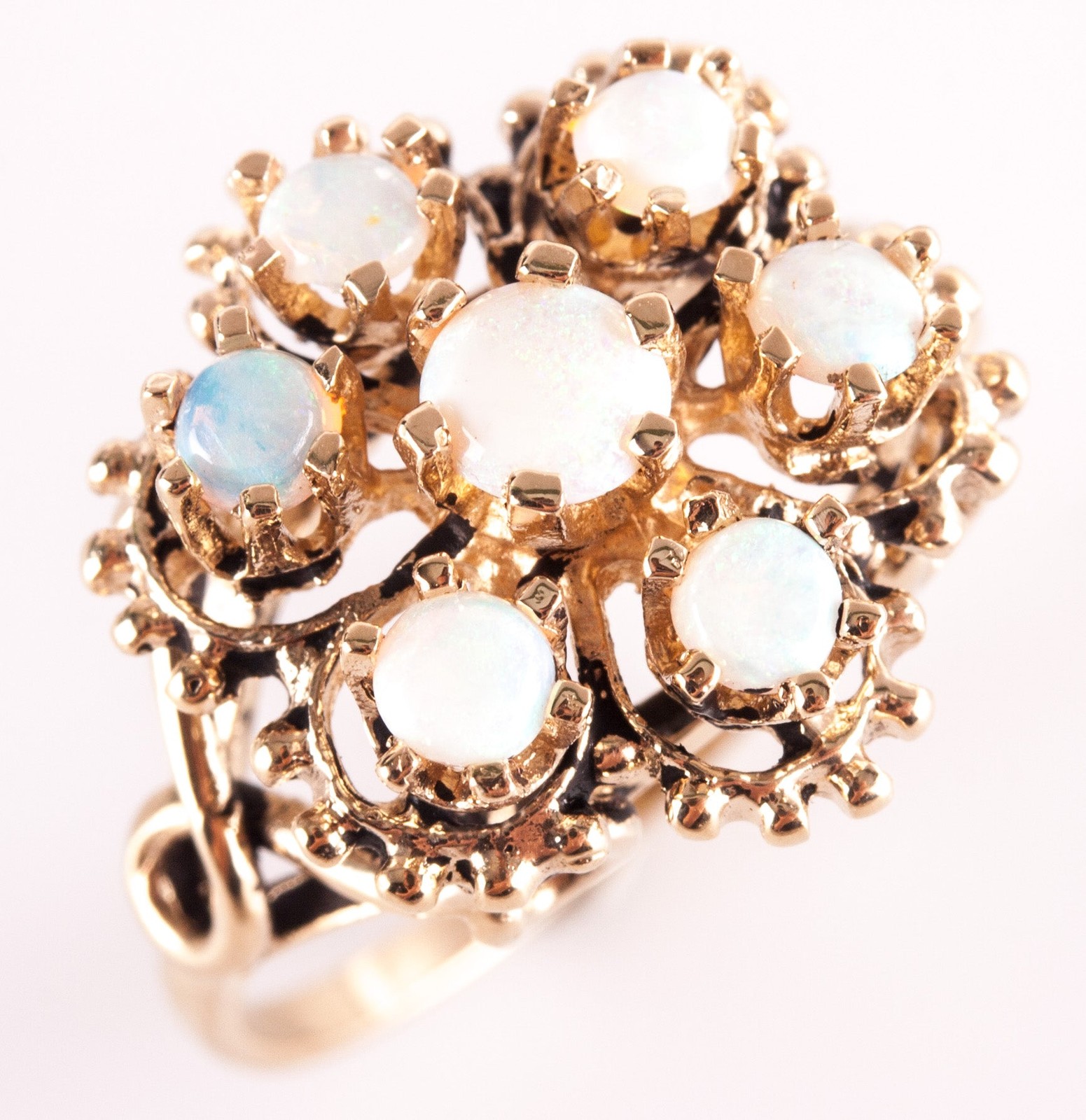 Vintage 1960’s 14k Yellow Gold Round Cabochon Opal Floral Ring .54ctw 3.75g