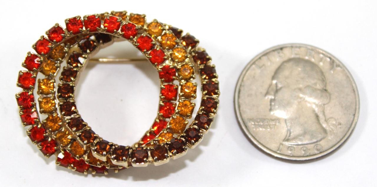 Vintage Triple Circle Tricolor Rhinestone Pin Brooch Autumn Fall Colors