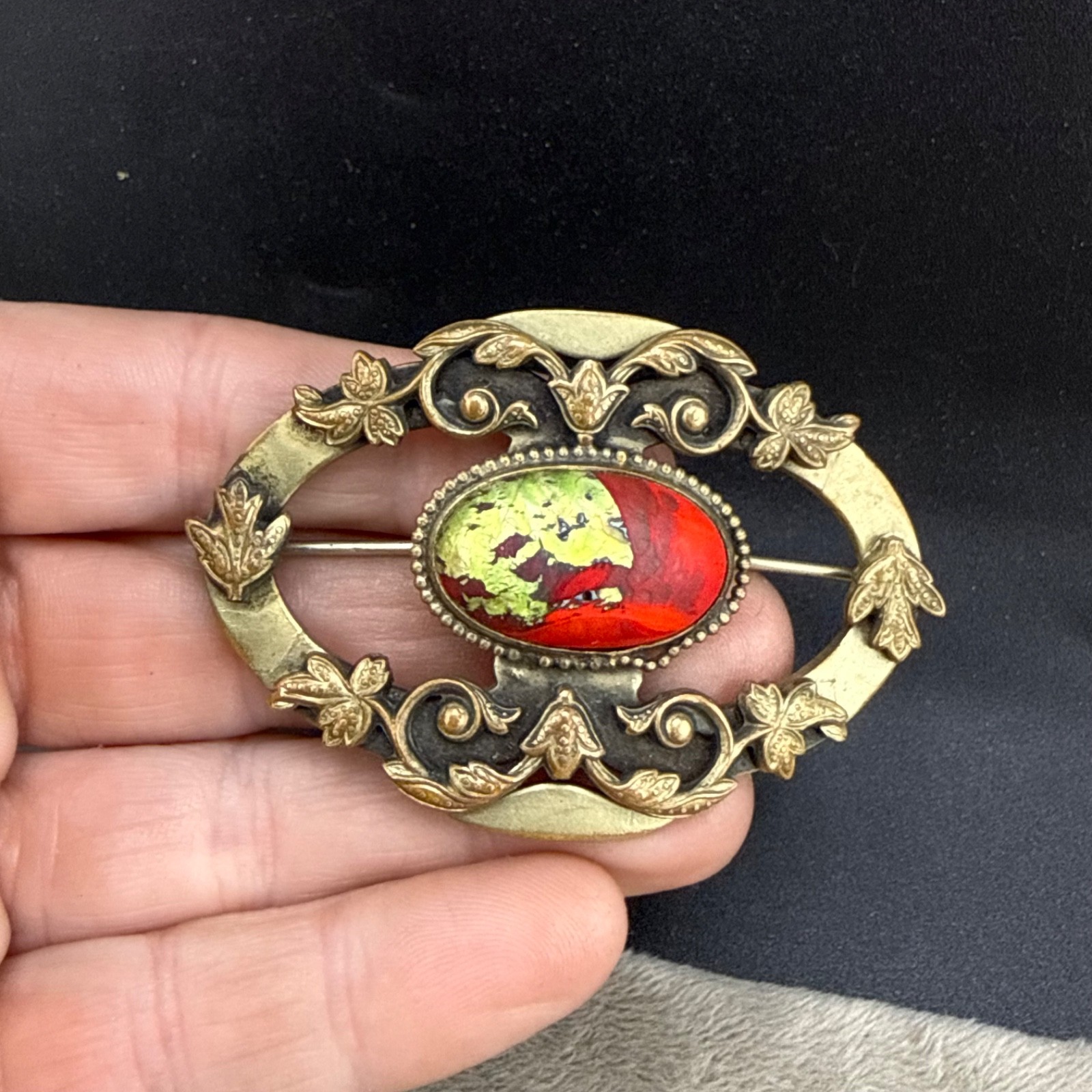 Vintage Victorian Czech Foil Art Glass Brooch Sash Pin Red Green