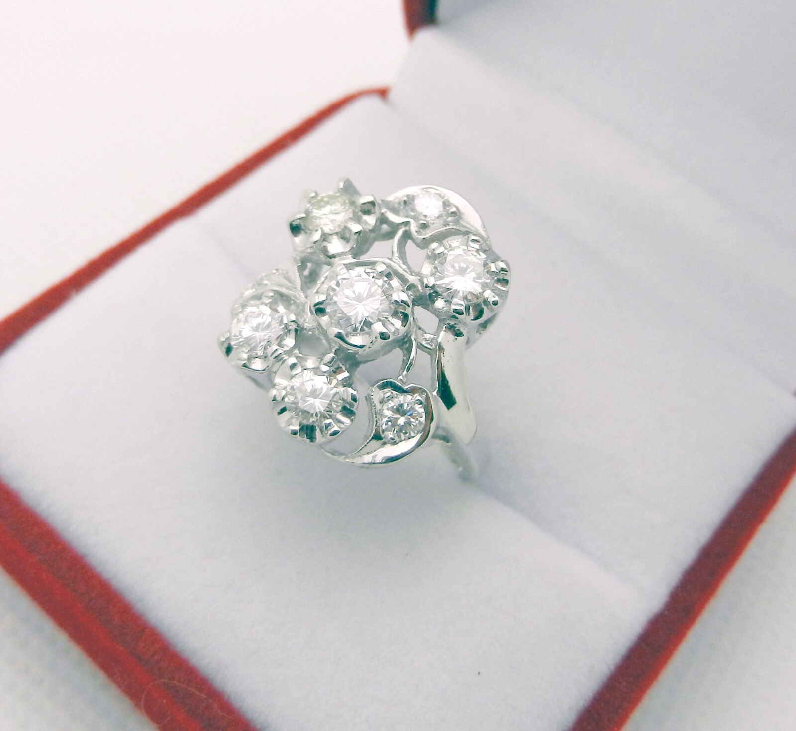 Vintage Art Deco 14k White Gold Cluster Natural Diamonds 1.25 ct Cocktail Ring