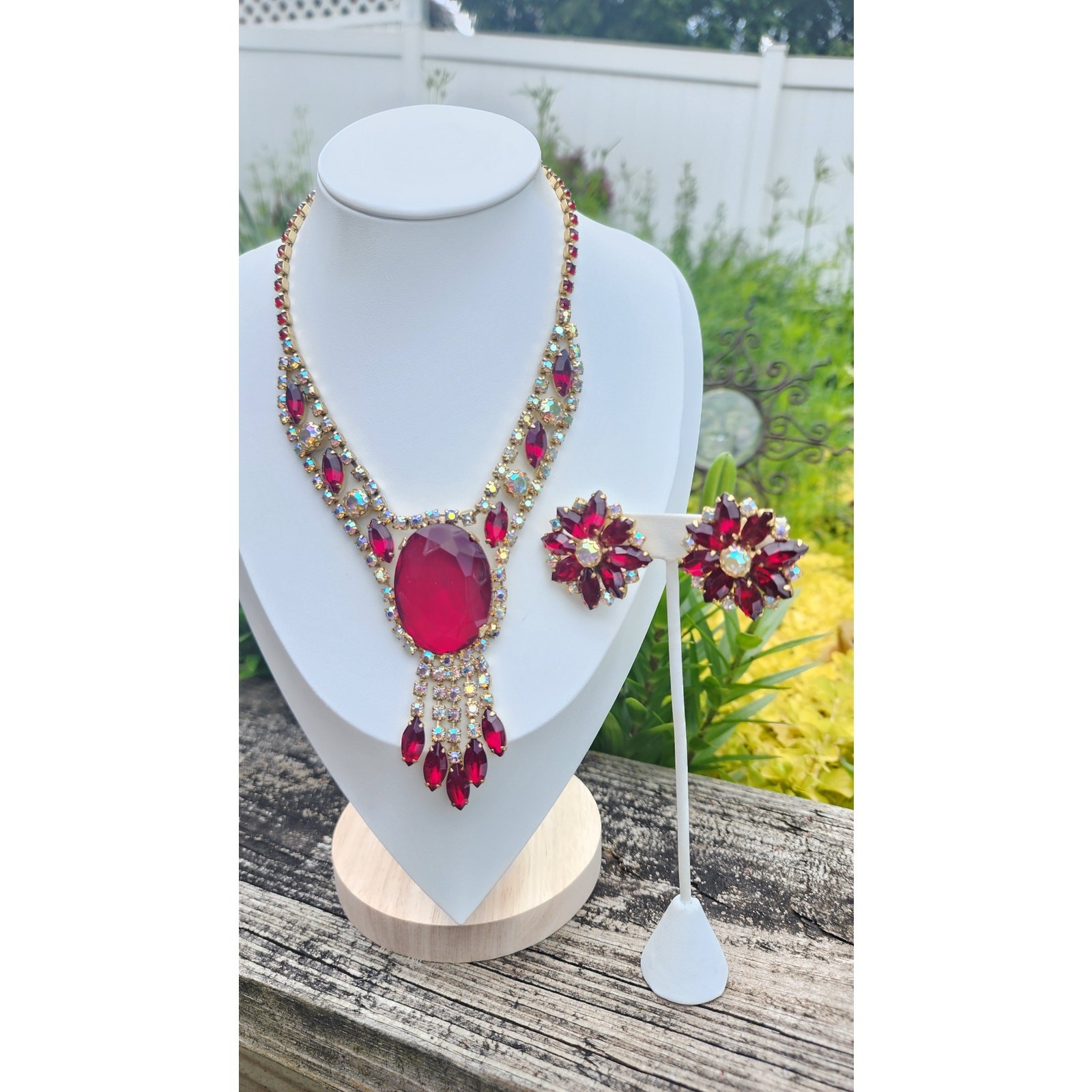 Rare Juliana DeLizza And Elster Red Rhinestone Necklace and Earrings Set