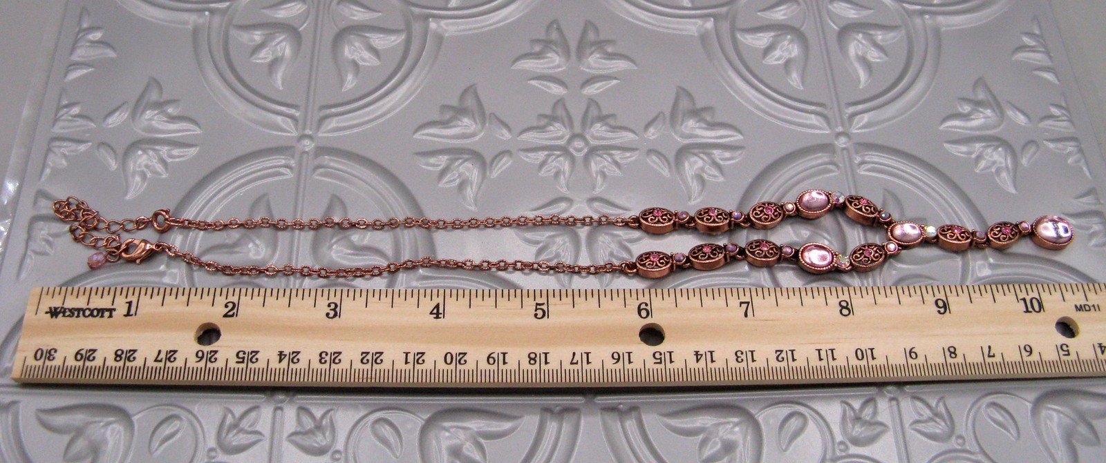 AVON Vtg 2005 Coppertone And Pink Y Necklace And Pierced Earrings Set With Box