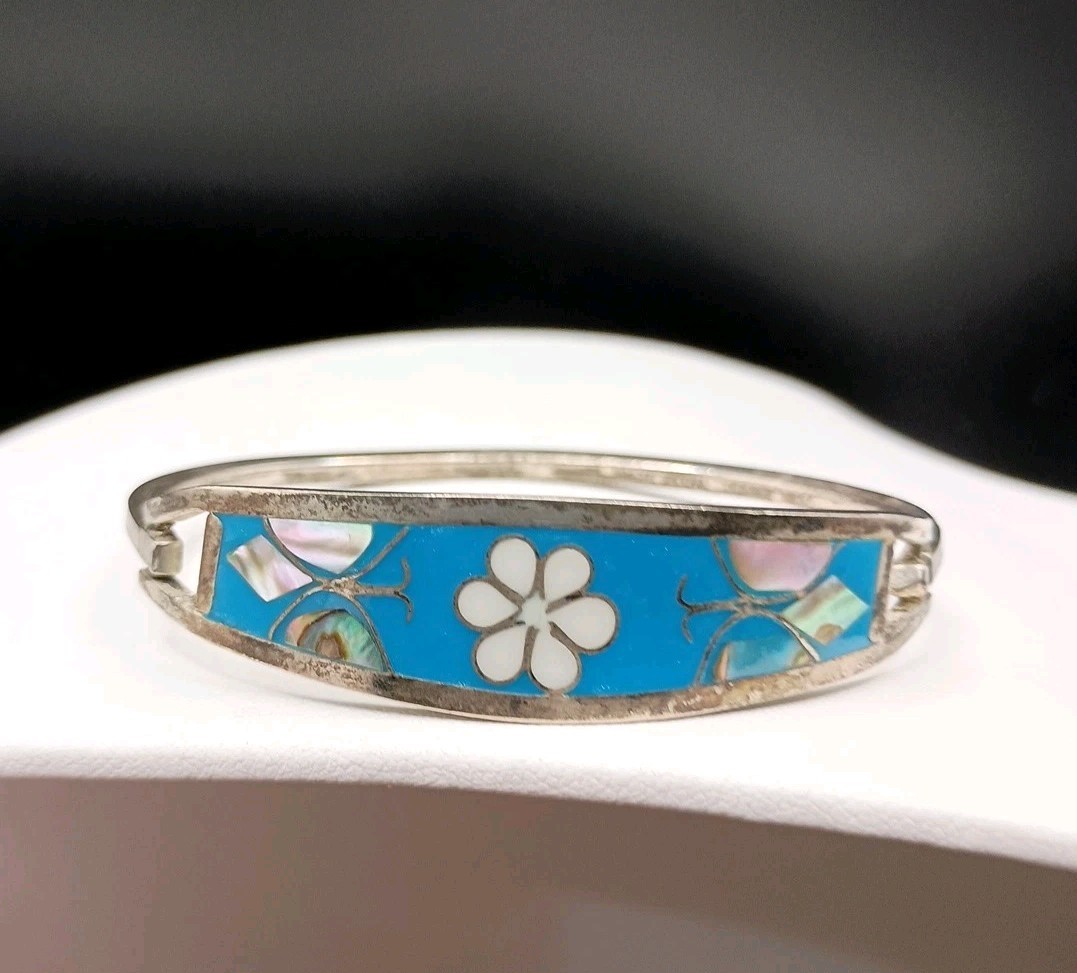 Alpaca Mexico Silver Cuff Bracelet Turquoise Abalone Inlay Butterfly Size 6.75″