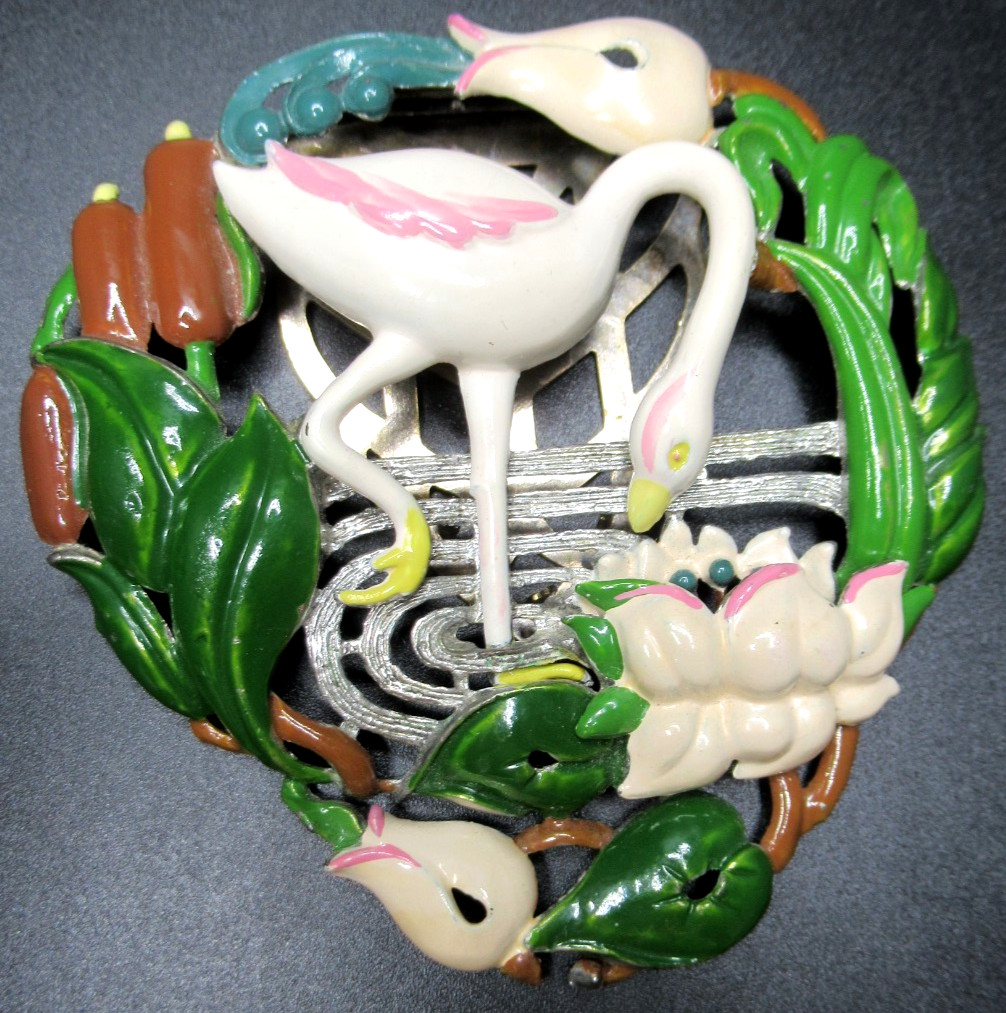 Amazing HUGE Enamel Bird in Pond Garden Vintage Dress Clip
