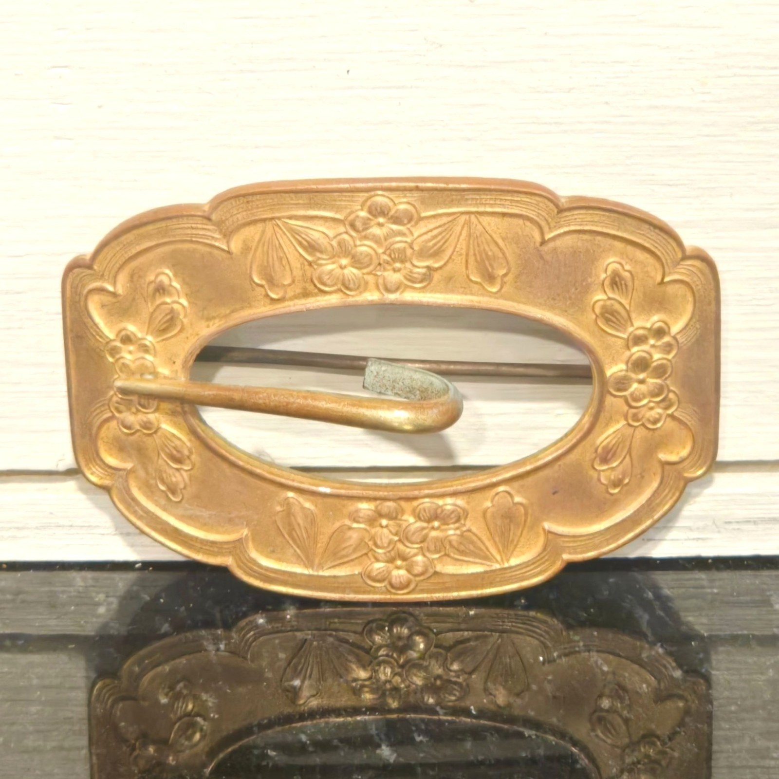Antique Victorian Sash Pin Buckle Floral Brooch Gold Wash Brass Scarf Pin 1800s