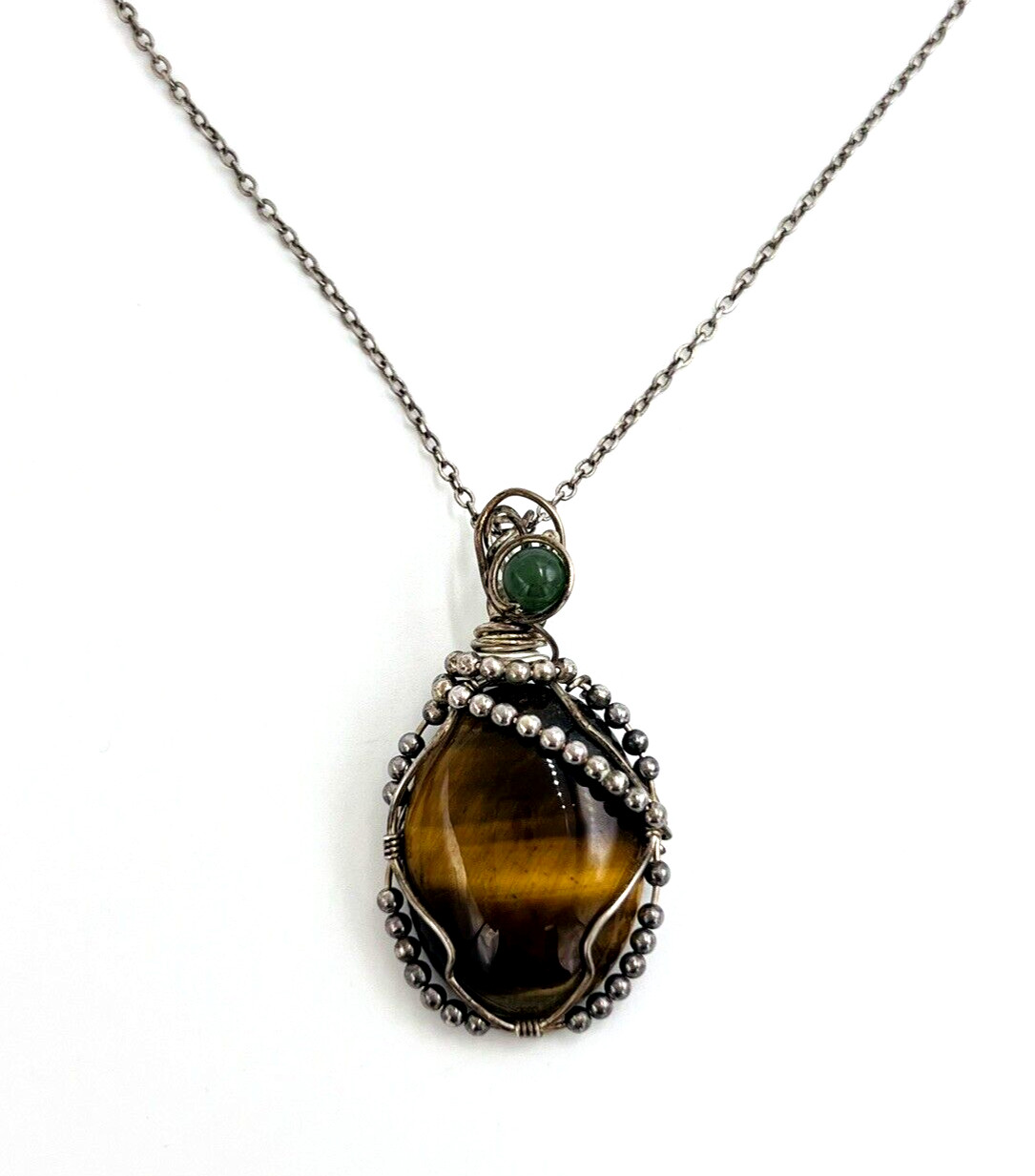 Vintage Sterling Silver Tiger’s Eye Jade Pendant Necklace
