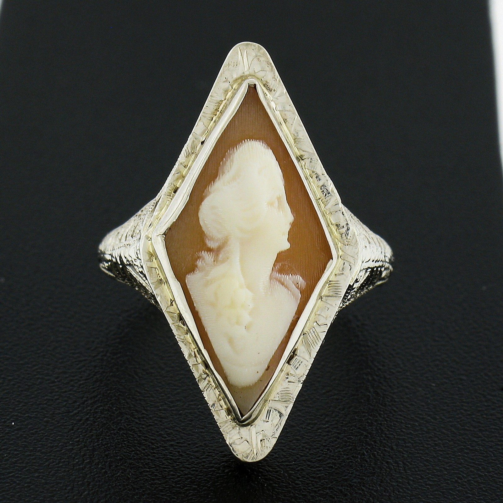 Antique Art Deco 14K White Gold Lozenge Shape Carved Shell Cameo Filigree Ring