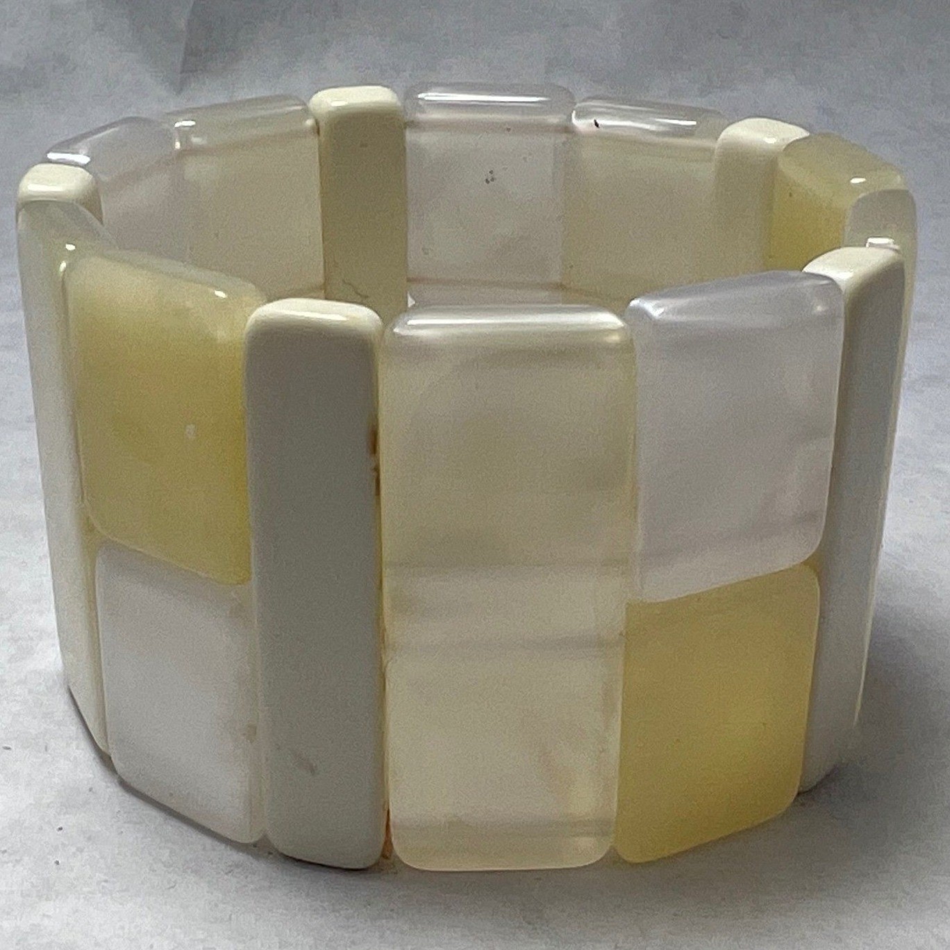 Stretch Beaded Cuff Bracelet Cream Yellow Lucite? Rectangular Beads Vintage
