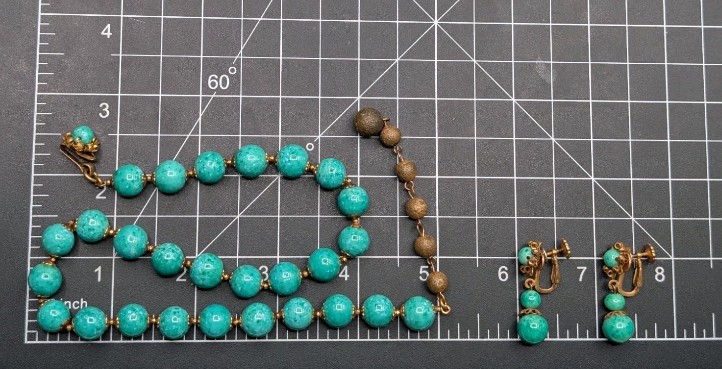 MIRIAM HASKELL Green Speckled Peking Faux Jade Glass Bead Necklace Earrings Set